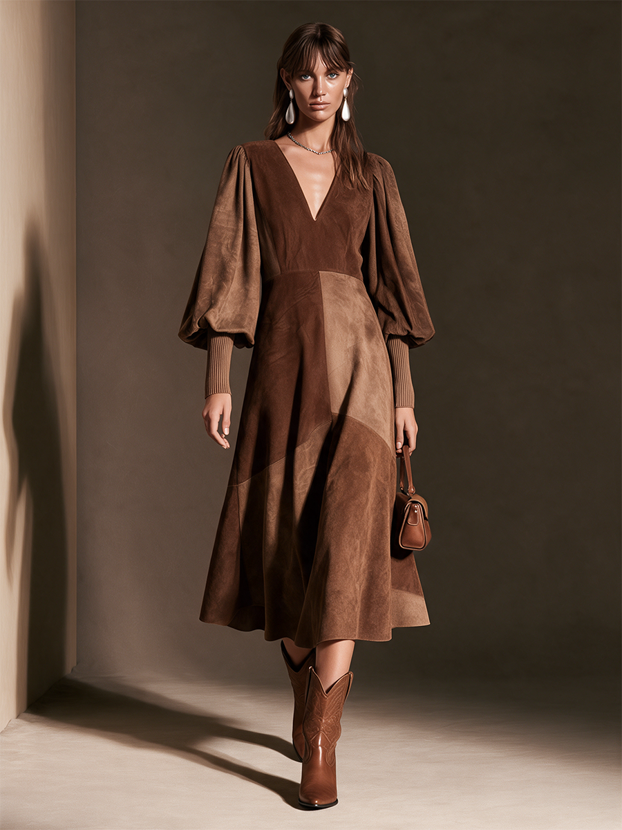 Women's Brown Patchwork Faux Suede V-Neck Balloon Sleeve Midi Dress