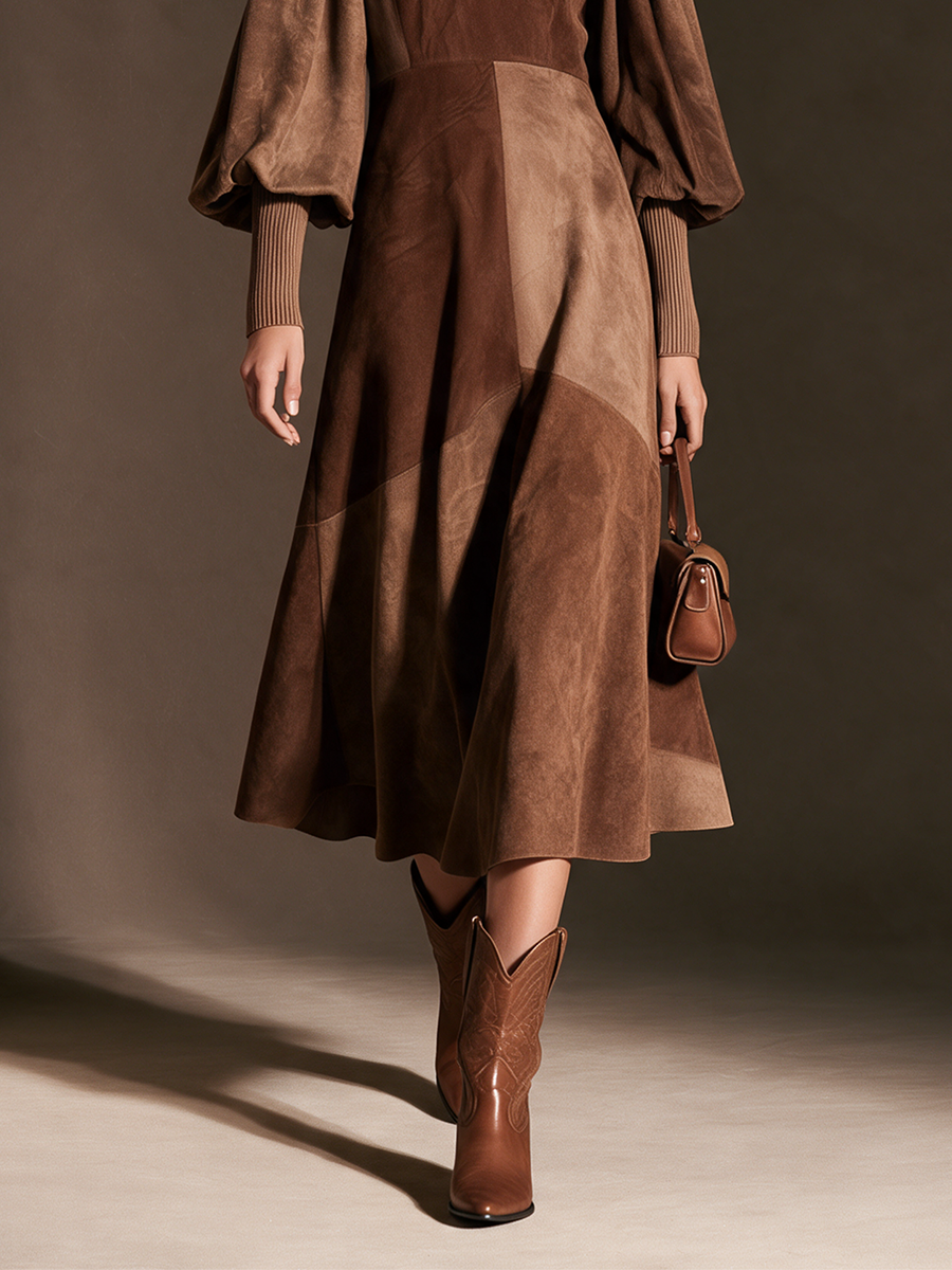 Women's Brown Patchwork Faux Suede V-Neck Balloon Sleeve Midi Dress
