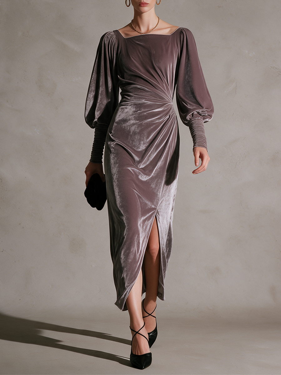 Women's Purple Velvet Square Neck Puff Sleeve Side-Ruched Slit Maxi Dress
