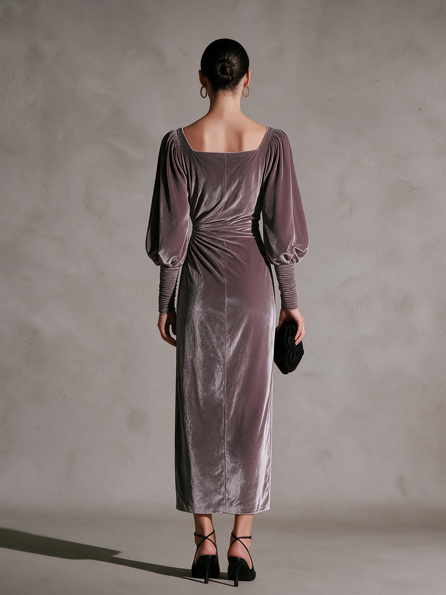Women's Purple Velvet Square Neck Puff Sleeve Side-Ruched Slit Maxi Dress