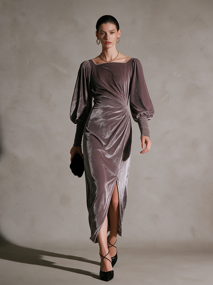 Women's Purple Velvet Square Neck Puff Sleeve Side-Ruched Slit Maxi Dress