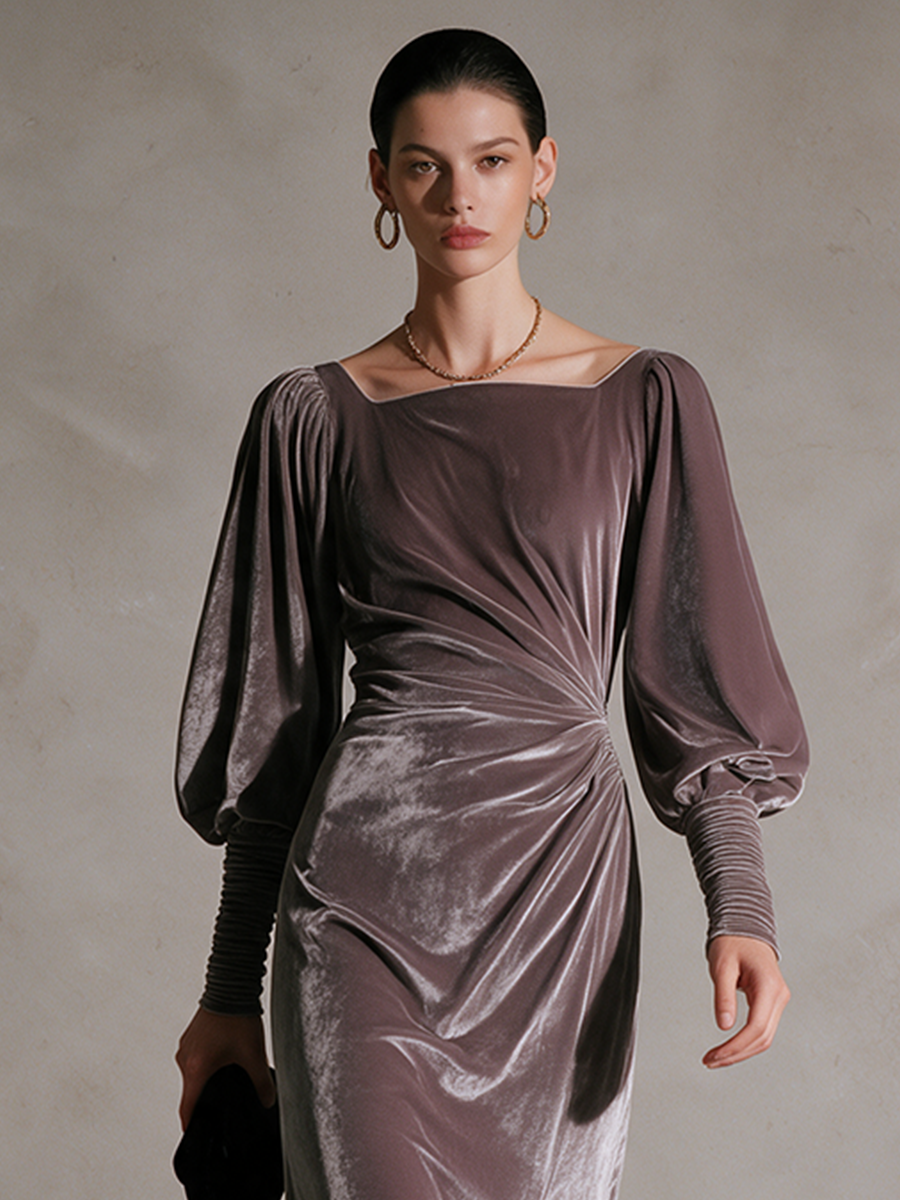 Women's Purple Velvet Square Neck Puff Sleeve Side-Ruched Slit Maxi Dress