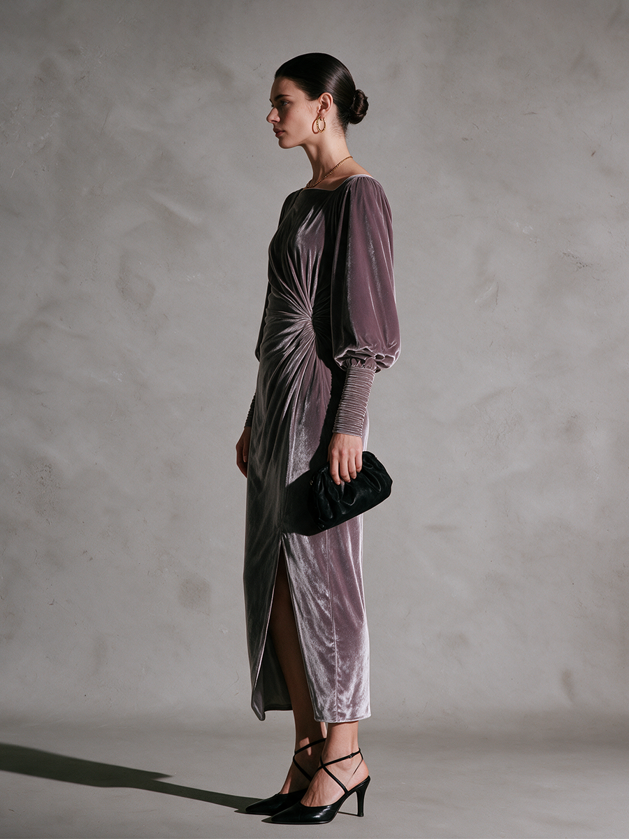 Women's Purple Velvet Square Neck Puff Sleeve Side-Ruched Slit Maxi Dress