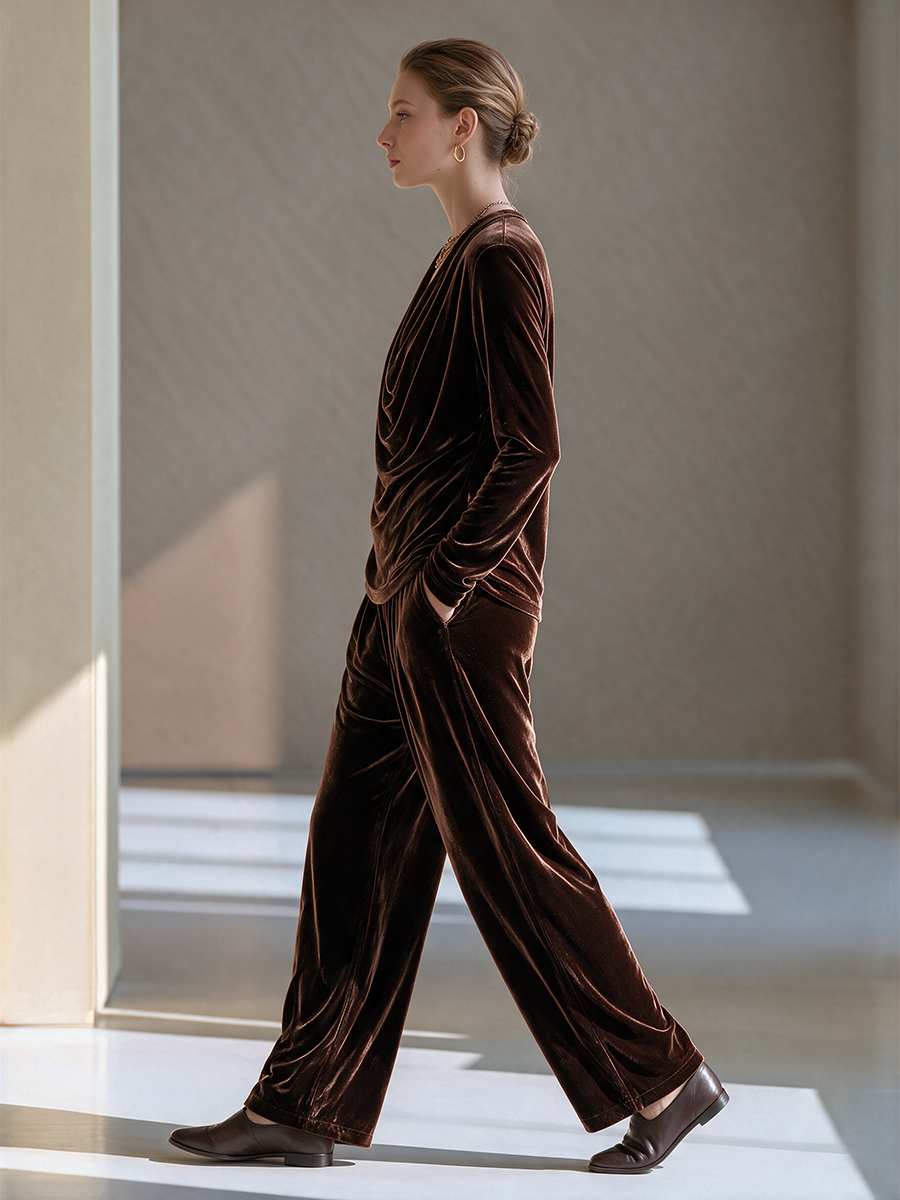 Women's Coffee Brown Velvet Cowl Neck Long Sleeve Top And Wide-Leg Pants Set