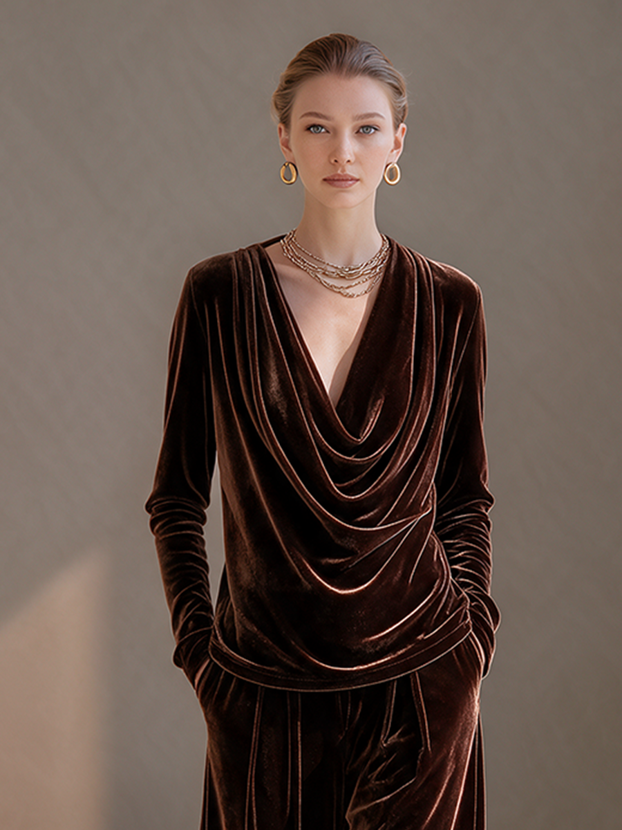 Women's Coffee Brown Velvet Cowl Neck Long Sleeve Top And Wide-Leg Pants Set