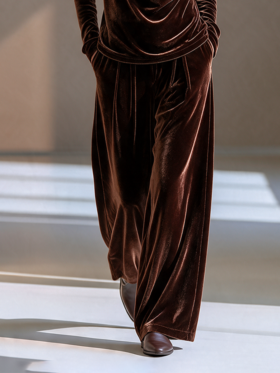 Women's Coffee Brown Velvet Cowl Neck Long Sleeve Top And Wide-Leg Pants Set