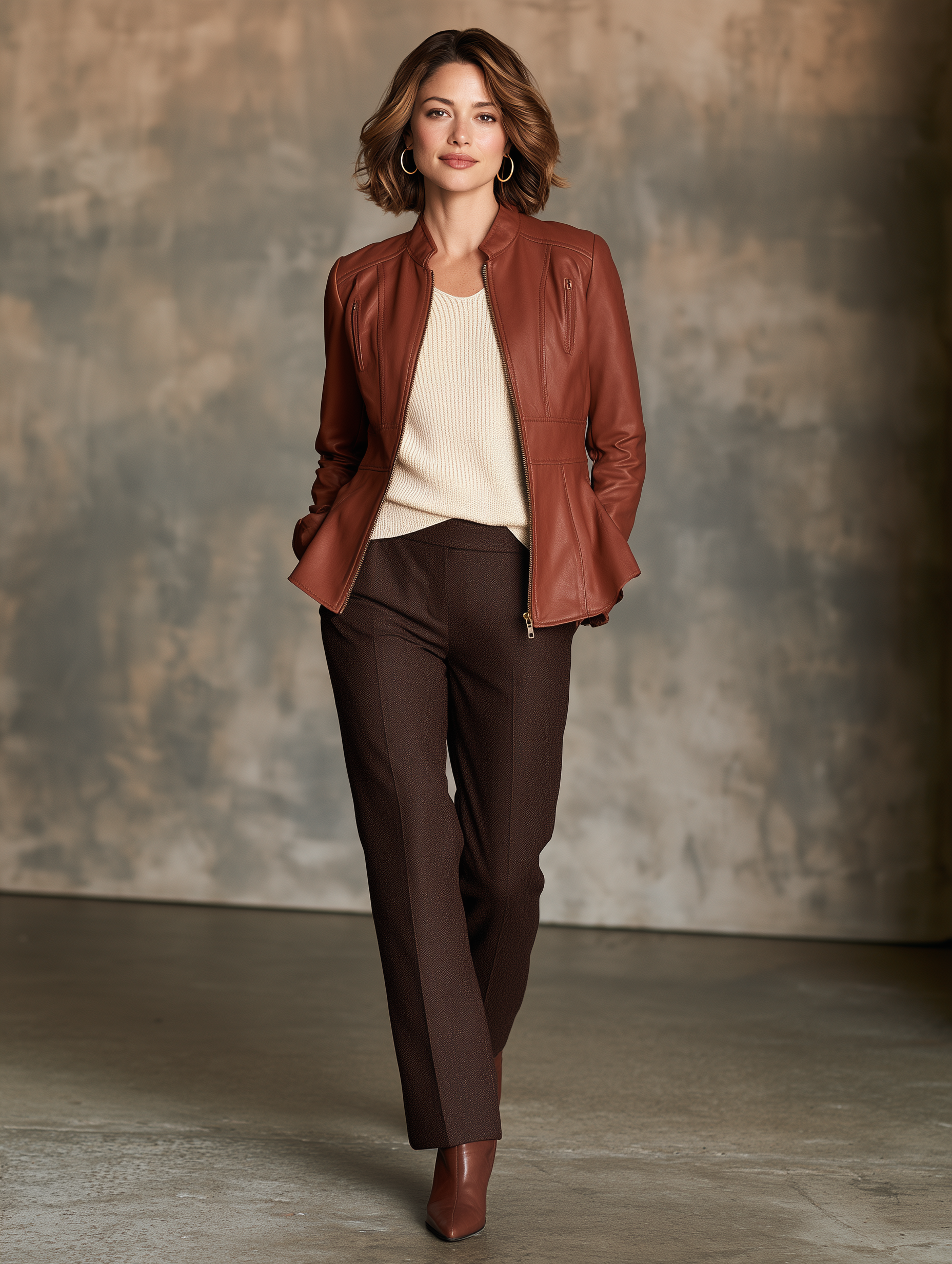 Women’s Elegant Vintage-Style Leather Stand Collar Zip-Up Peplum Jacket