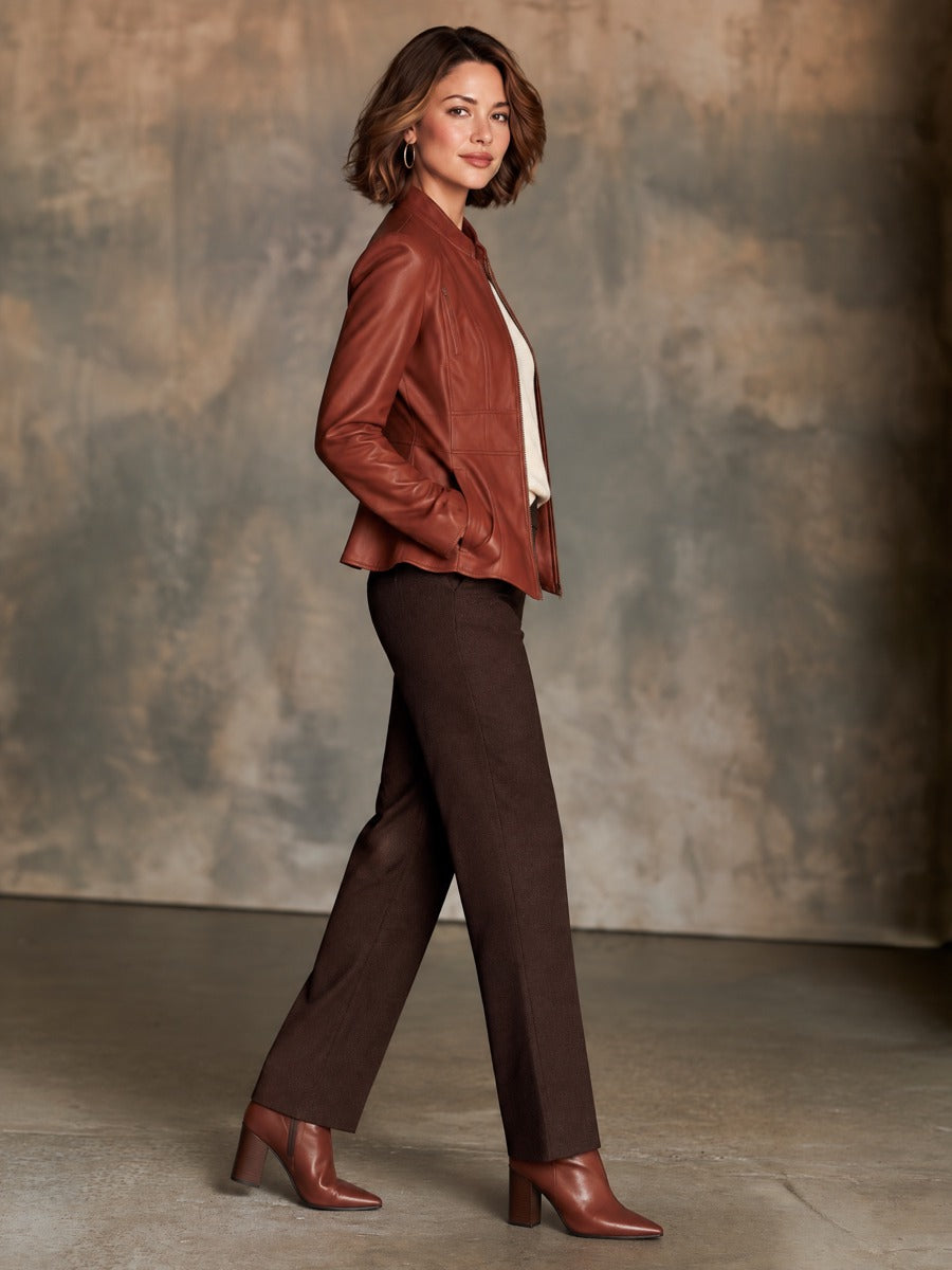 Women’s Elegant Vintage-Style Leather Stand Collar Zip-Up Peplum Jacket