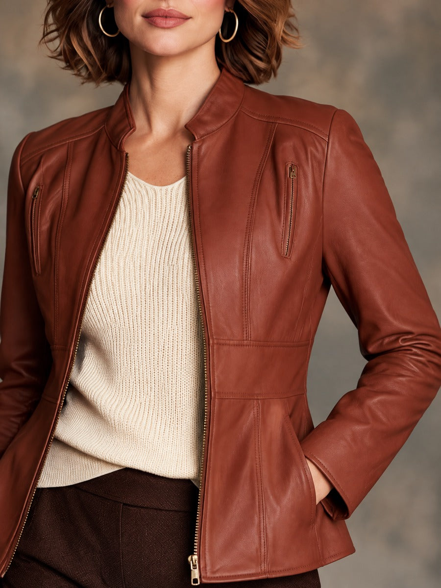 Women’s Elegant Vintage-Style Leather Stand Collar Zip-Up Peplum Jacket