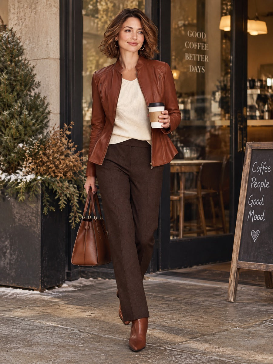 Women’s Elegant Vintage-Style Leather Stand Collar Zip-Up Peplum Jacket
