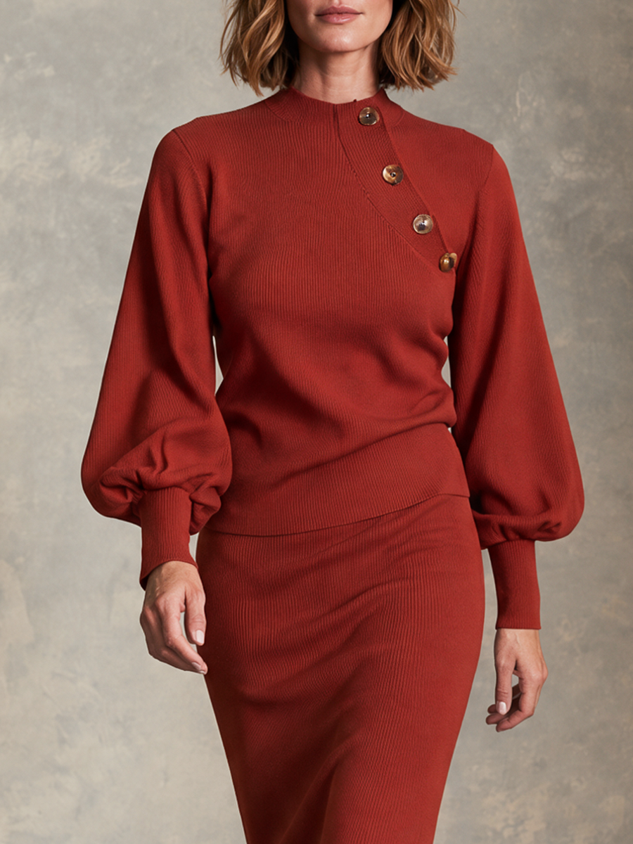 Women's Rust Red Mock Neck Diagonal Button Balloon Sleeve Wool Knit Top