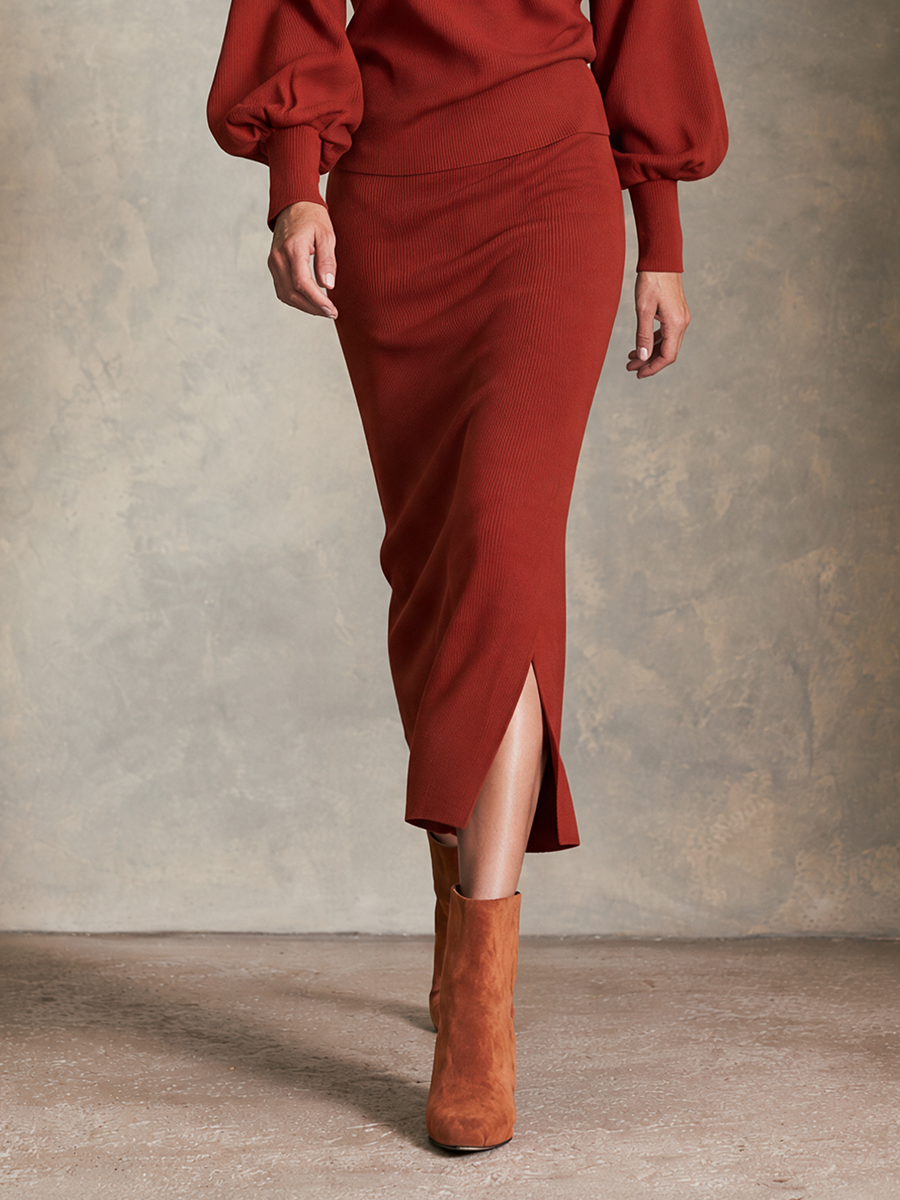 Women's Rust Red Rib Wool Knit Side Slit Midi Skirt