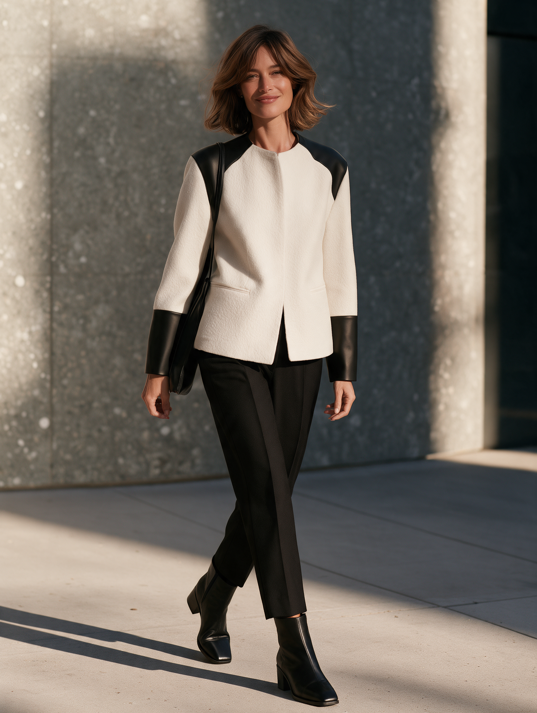 Women’s Elegant Wool-blend And Leather-panel Collarless Jacket