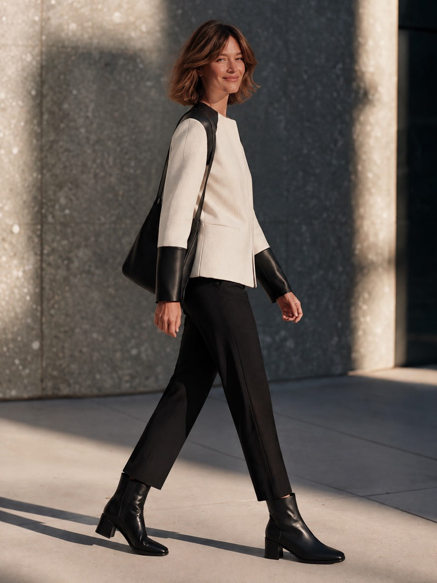 Women’s Elegant Wool-blend And Leather-panel Collarless Jacket