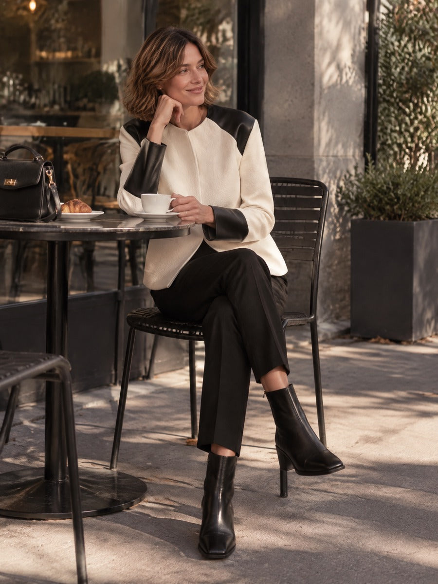 Women’s Elegant Wool-blend And Leather-panel Collarless Jacket