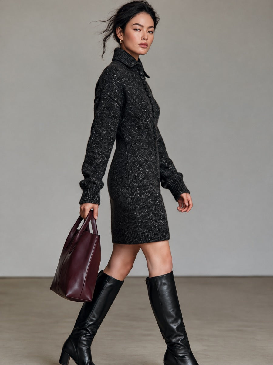 Women’s Vintage-style Button-detail High-neck Mini Sweater Dress