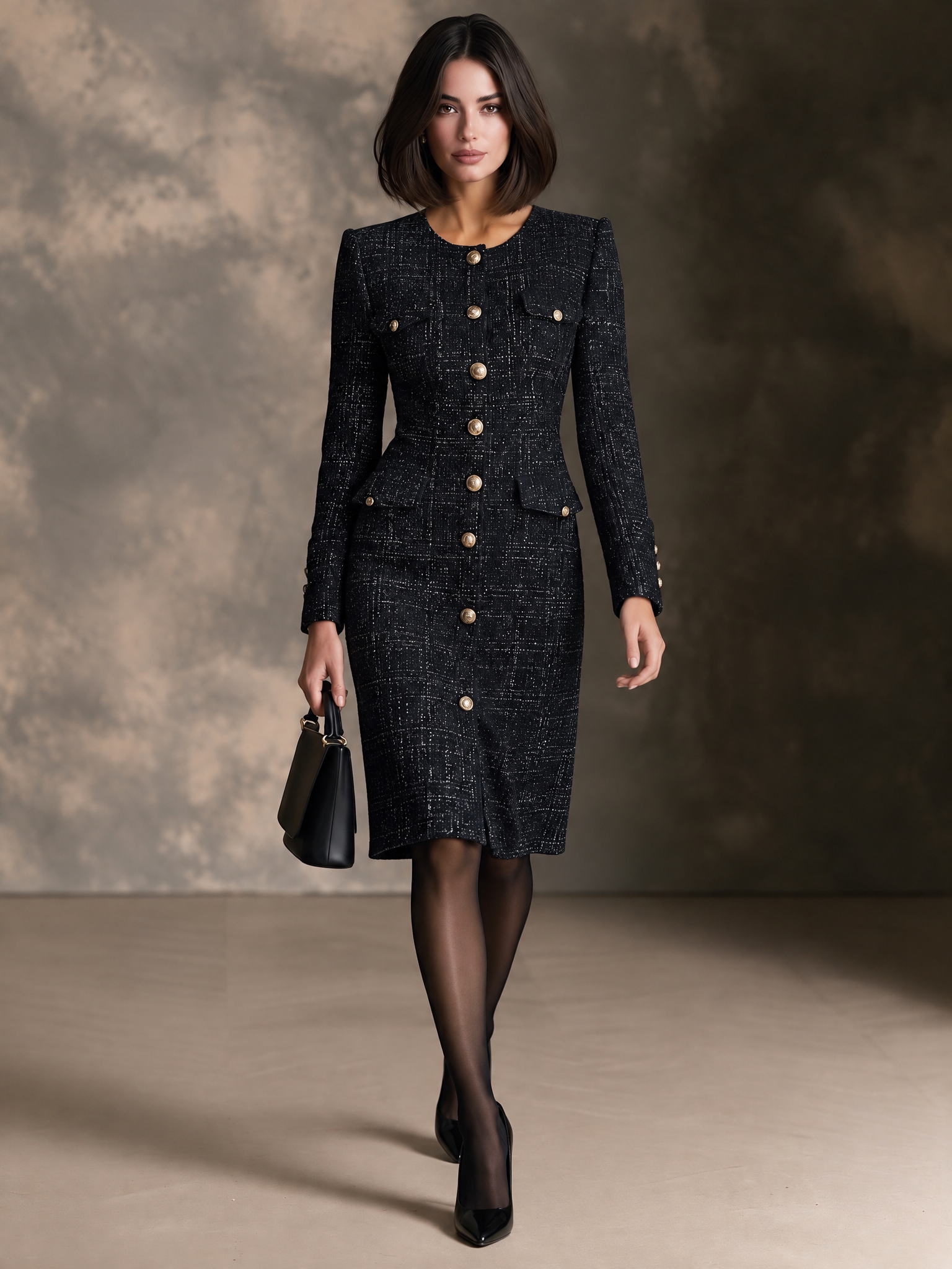 Women’s Elegant Tweed Dress With Gold-Tone Buttons