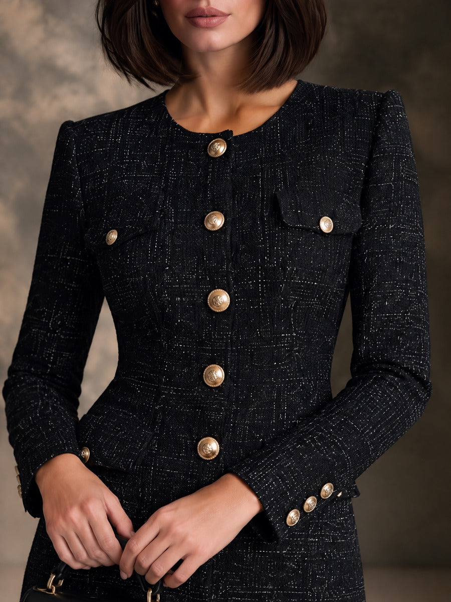 Women’s Elegant Tweed Dress With Gold-Tone Buttons