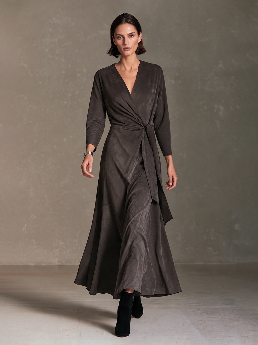 Women's Dark Grey Faux Suede V-Neck Side-Tie Wrap Maxi Dress