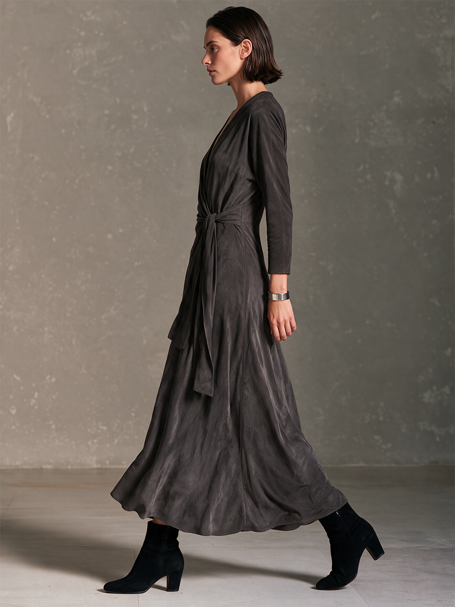 Women's Dark Grey Faux Suede V-Neck Side-Tie Wrap Maxi Dress