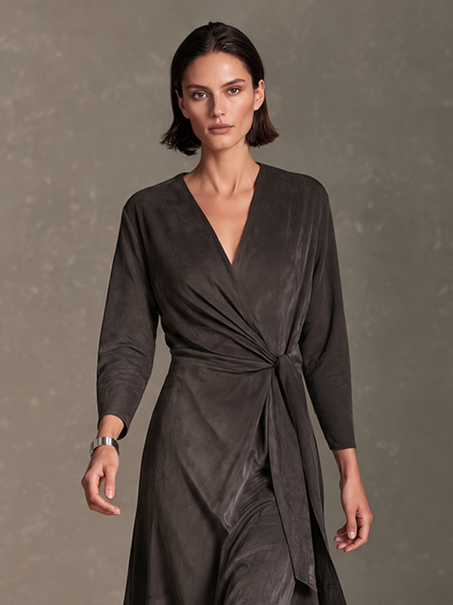 Women's Dark Grey Faux Suede V-Neck Side-Tie Wrap Maxi Dress
