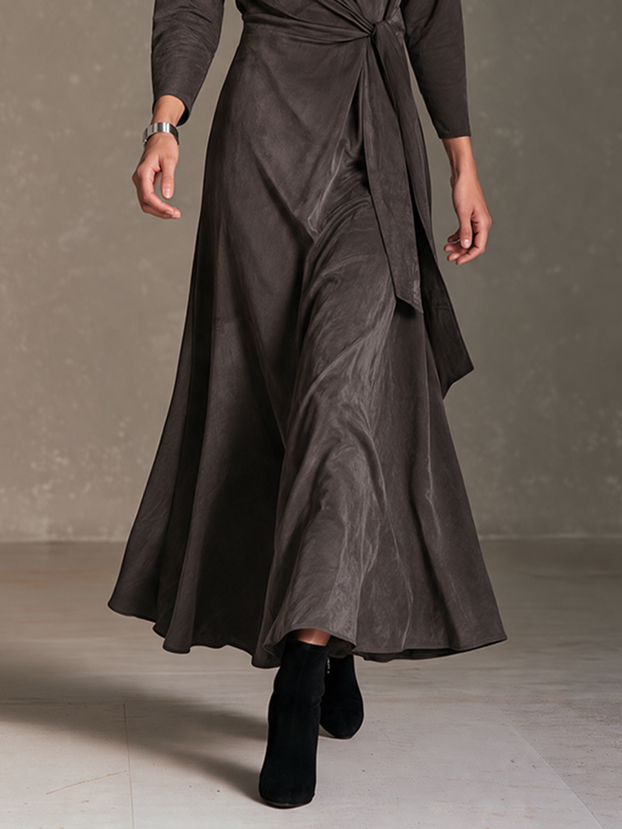 Women's Dark Grey Faux Suede V-Neck Side-Tie Wrap Maxi Dress
