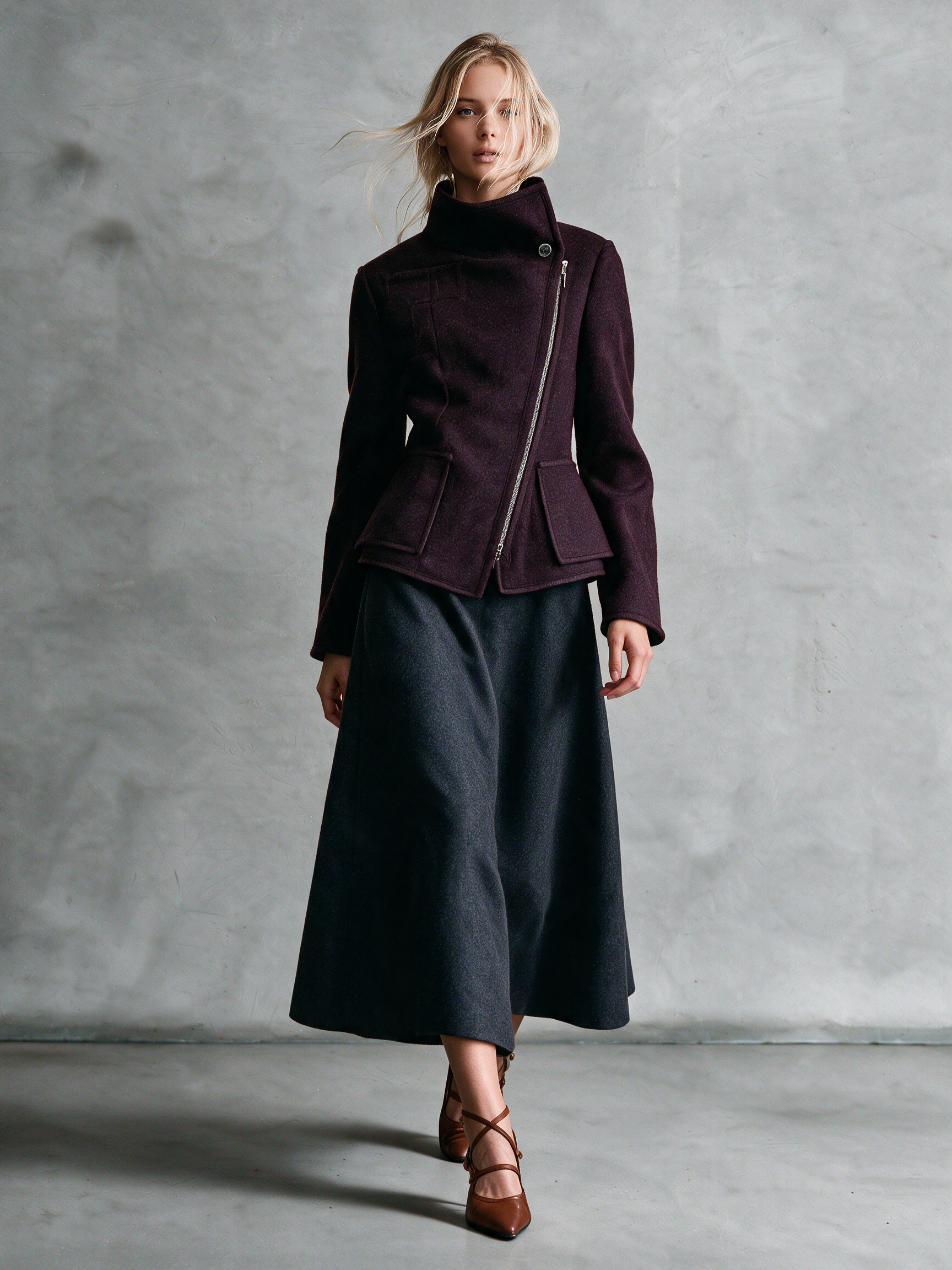 Women's Aubergine Woolen Funnel‑Neck Asymmetric Zip Jacket With Flap Pockets And Peplum Hem