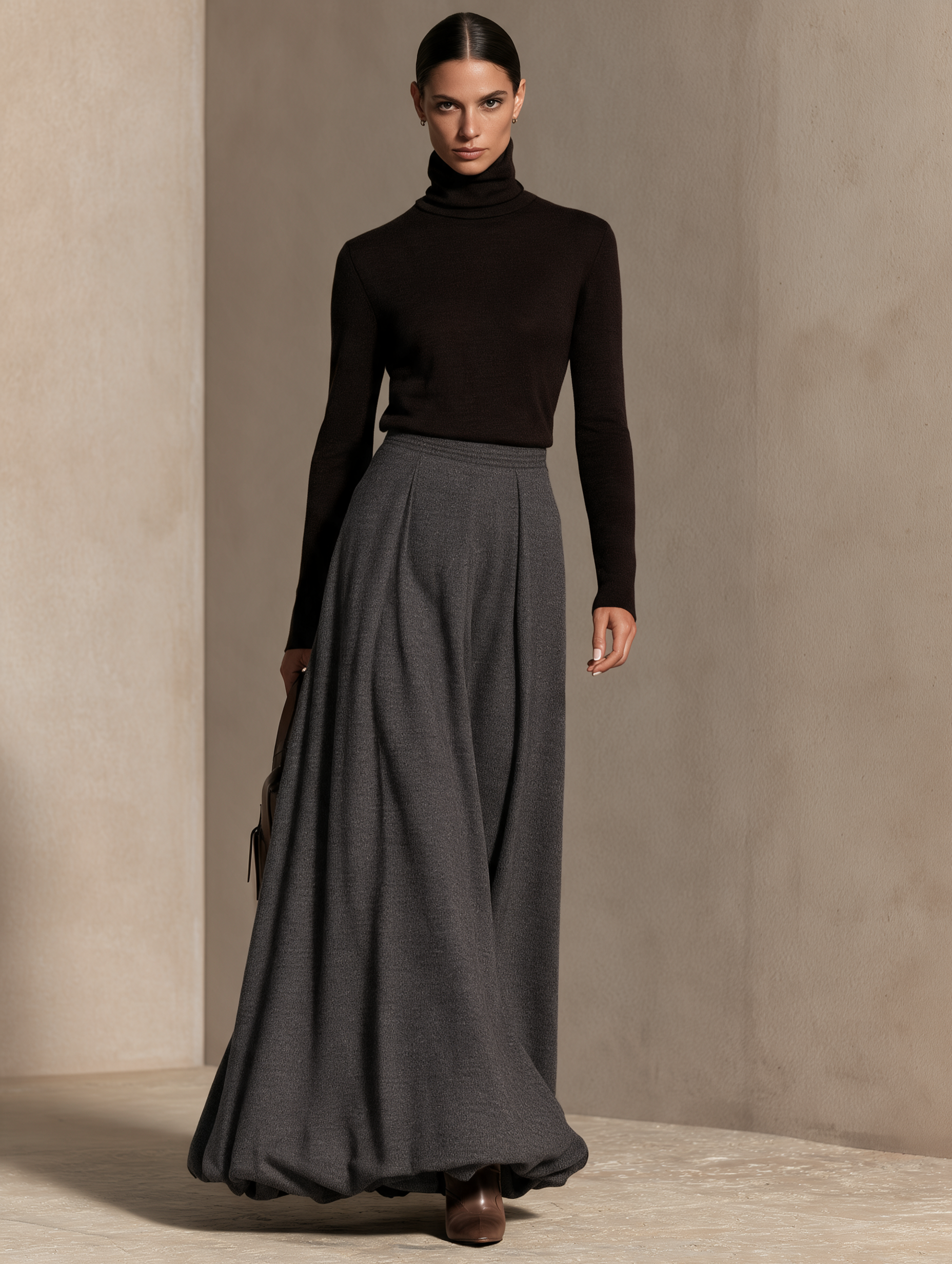 Women's Elegant Turtleneck Top Bubble Hem Skirt Set