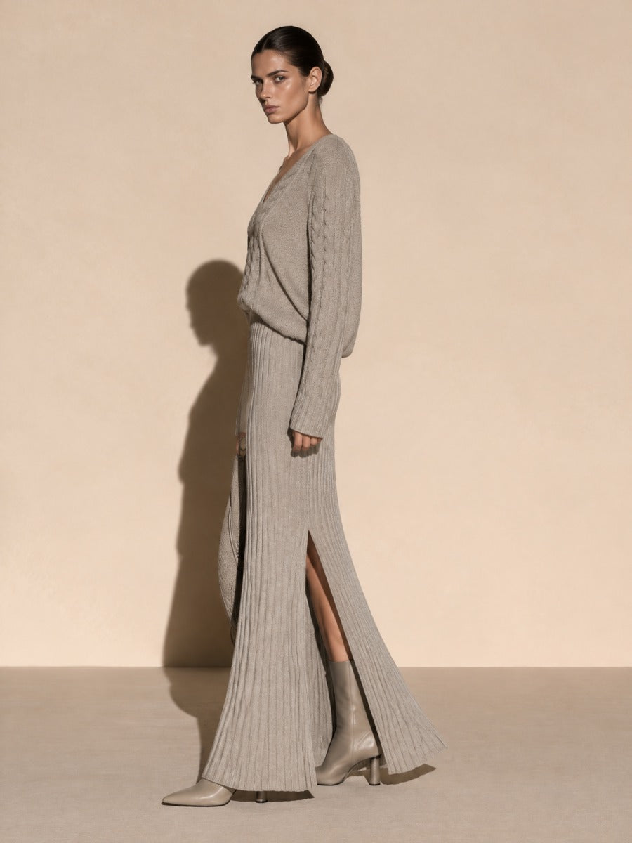 Women's Cable-Knit V-Neck Sweater and Ribbed Maxi Skirt Set