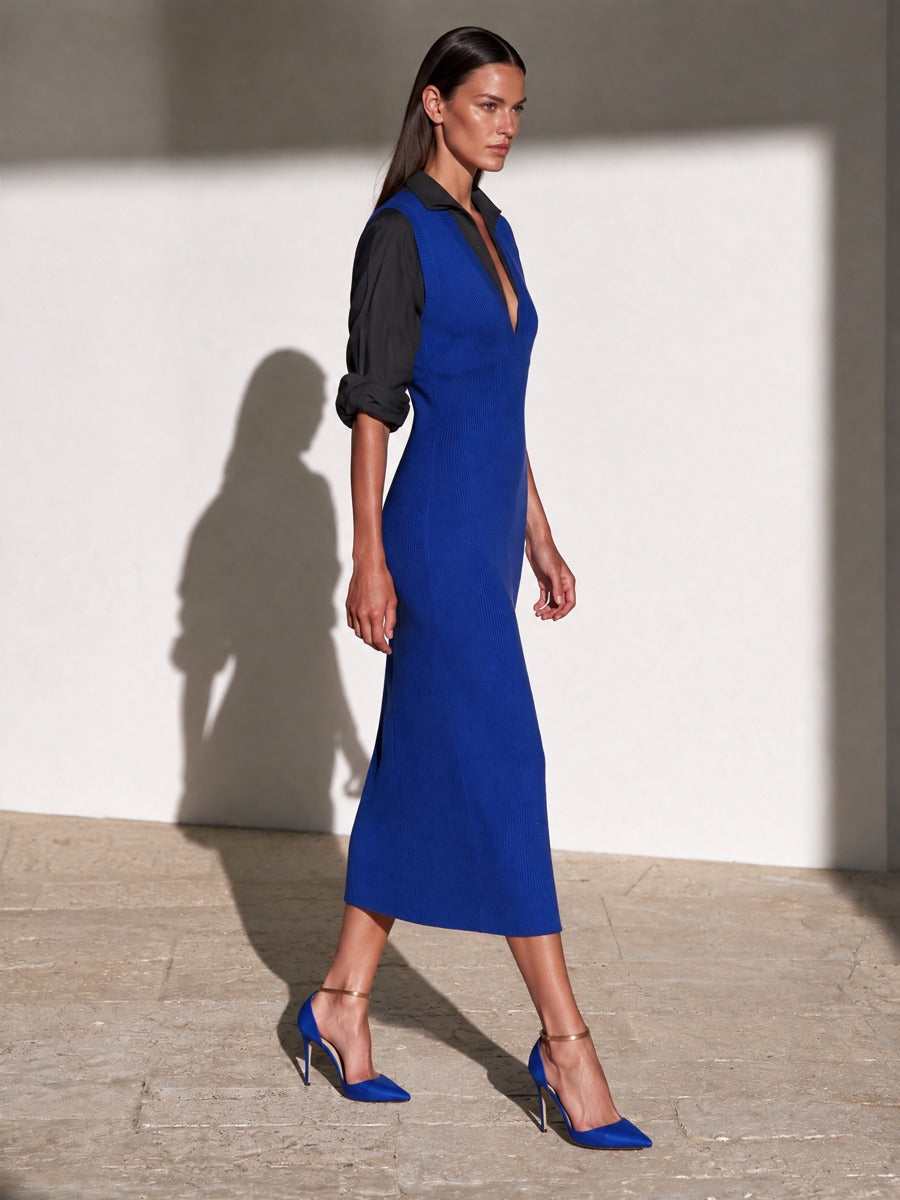 Women's V-Neck Ribbed Midi Dress