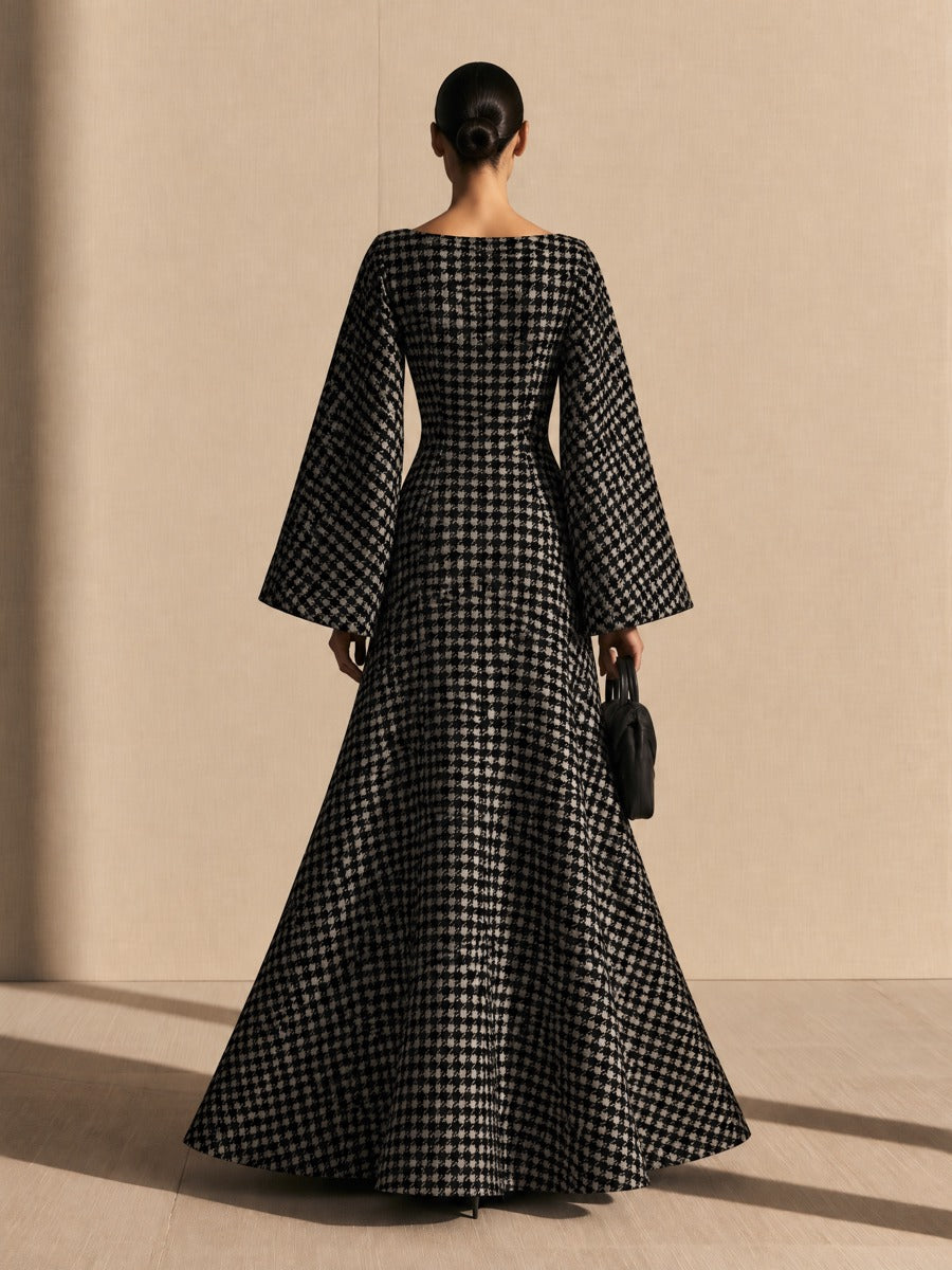 Women's Houndstooth Maxi Dress with Bell Sleeves and Boat Neck