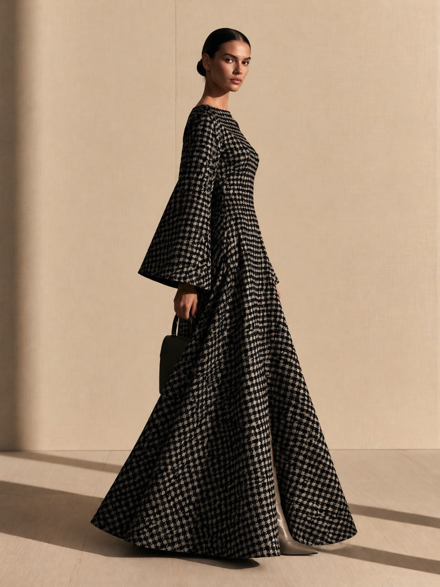 Women's Houndstooth Maxi Dress with Bell Sleeves and Boat Neck