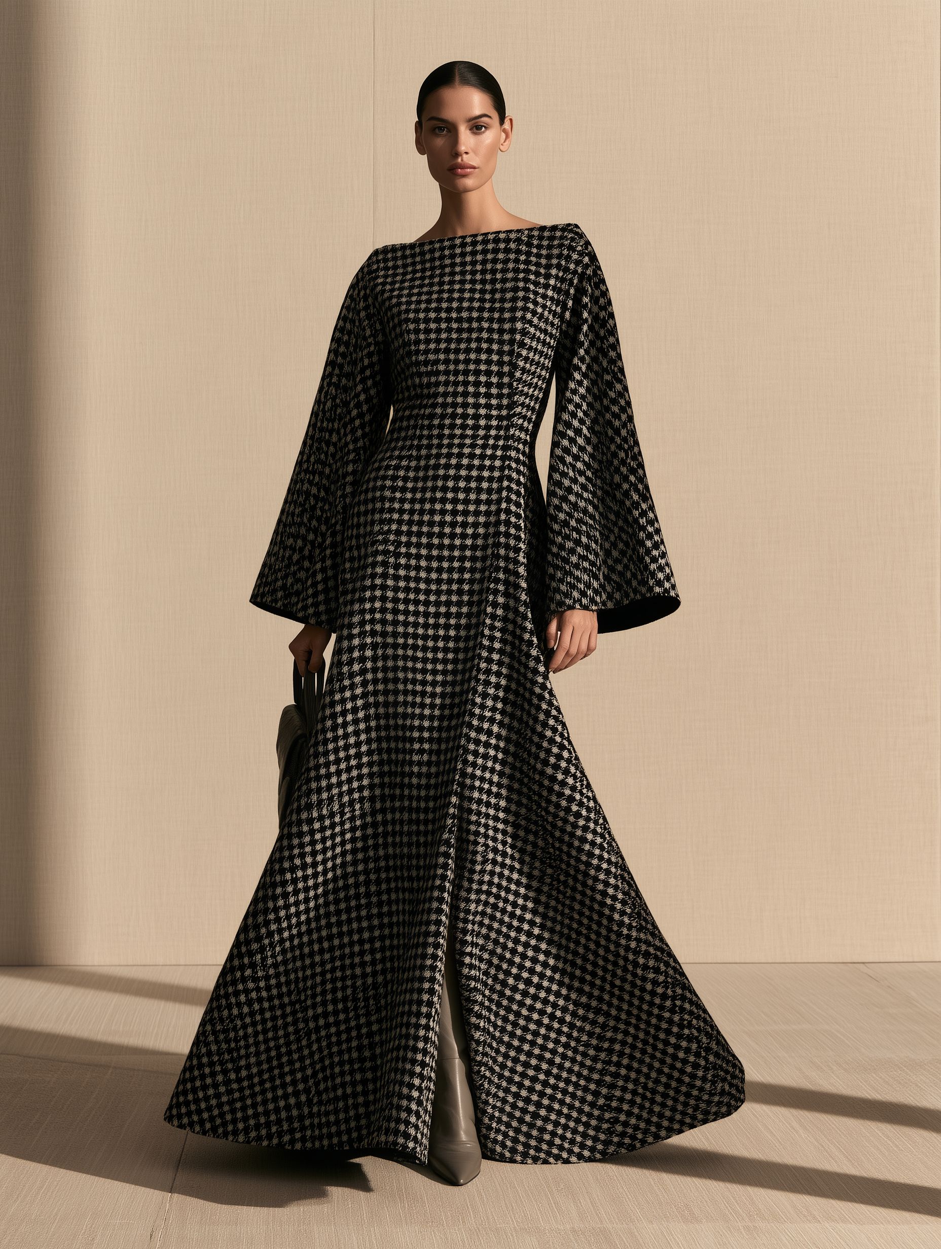 Women's Houndstooth Maxi Dress with Bell Sleeves and Boat Neck
