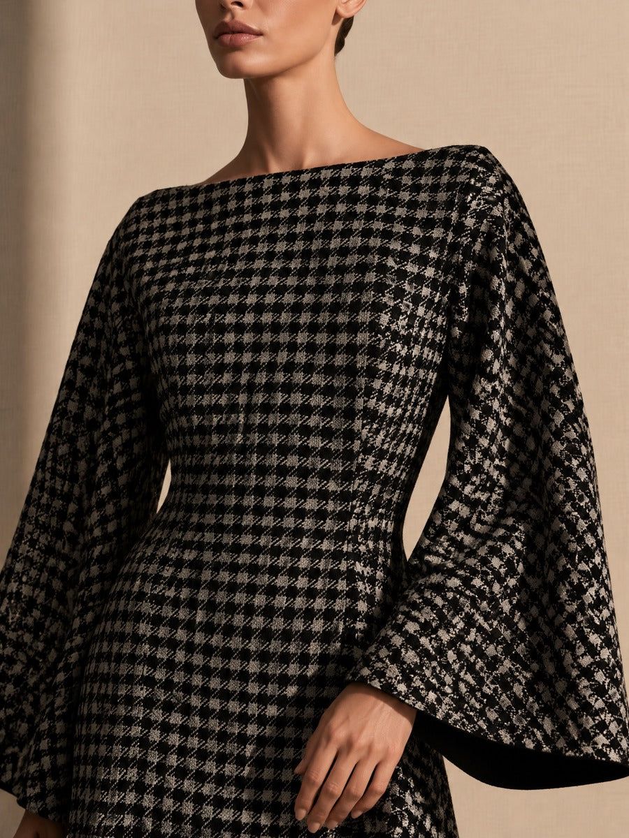 Women's Houndstooth Maxi Dress with Bell Sleeves and Boat Neck