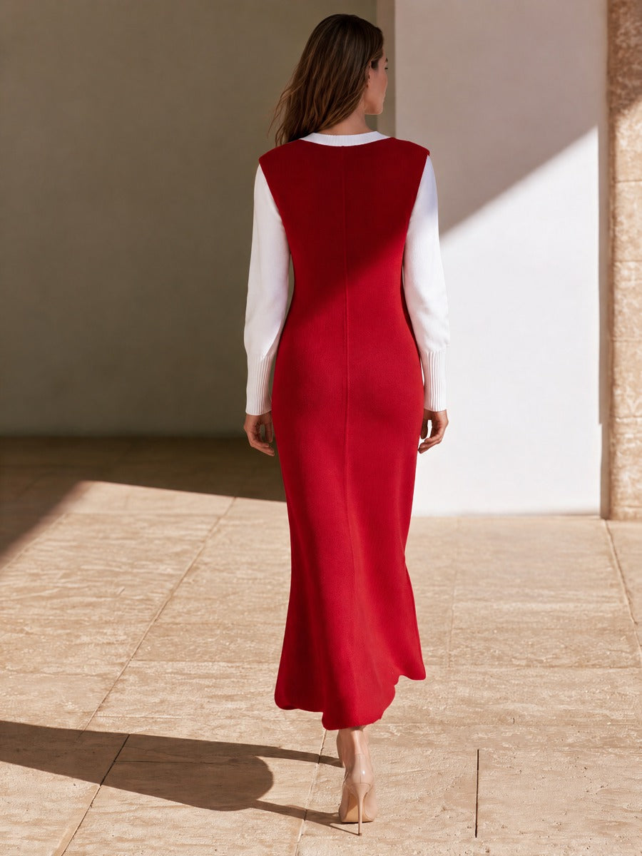 Women's Slim Contrast Sleeve Midi Dress