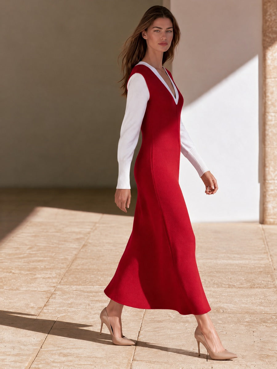 Women's Slim Contrast Sleeve Midi Dress