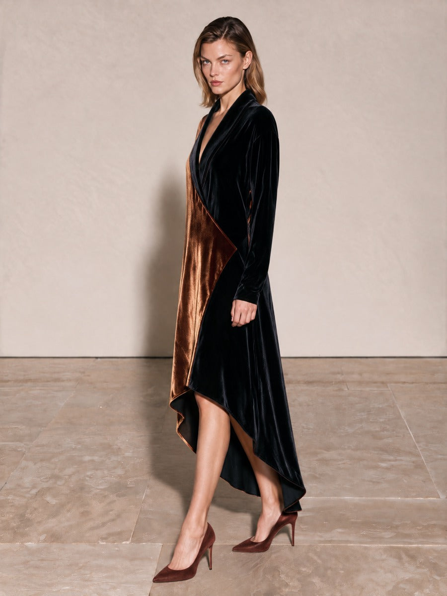 Women's Shawl Collar Color Block Dress