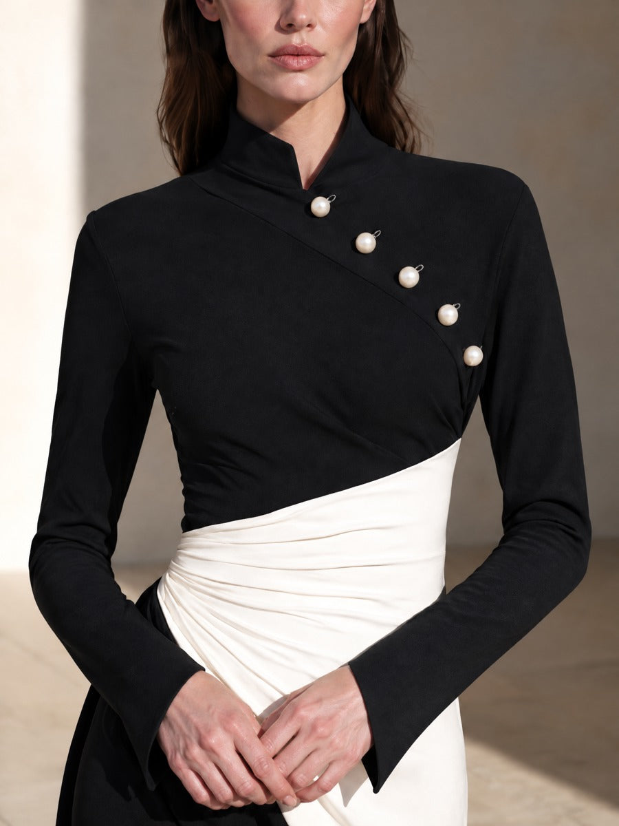 Women's Button Detail Stand Collar Slit Gown