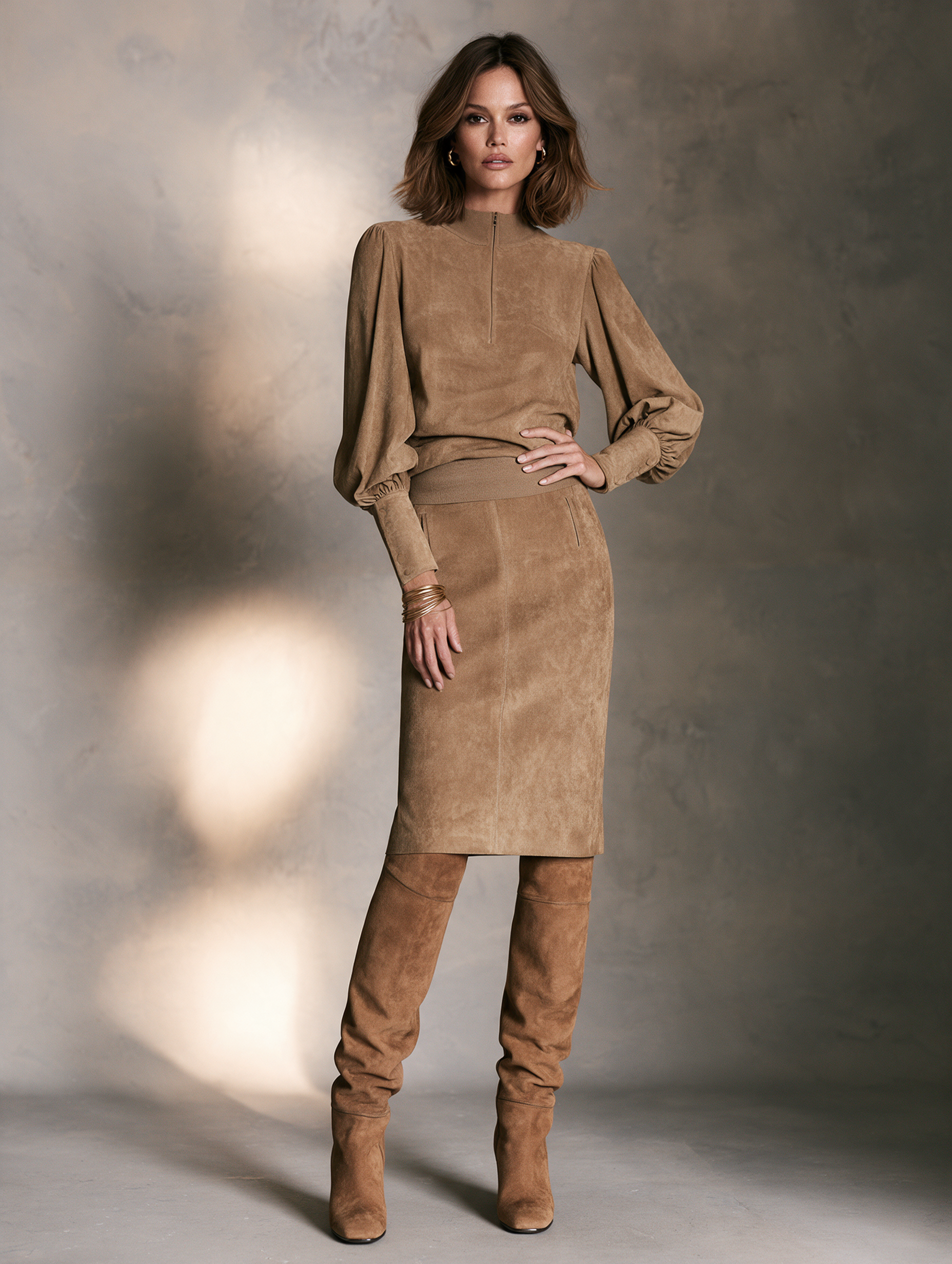 Women’s Vintage-Elegant Suede Zip-Front Stand-Collar Pencil Skirt Set