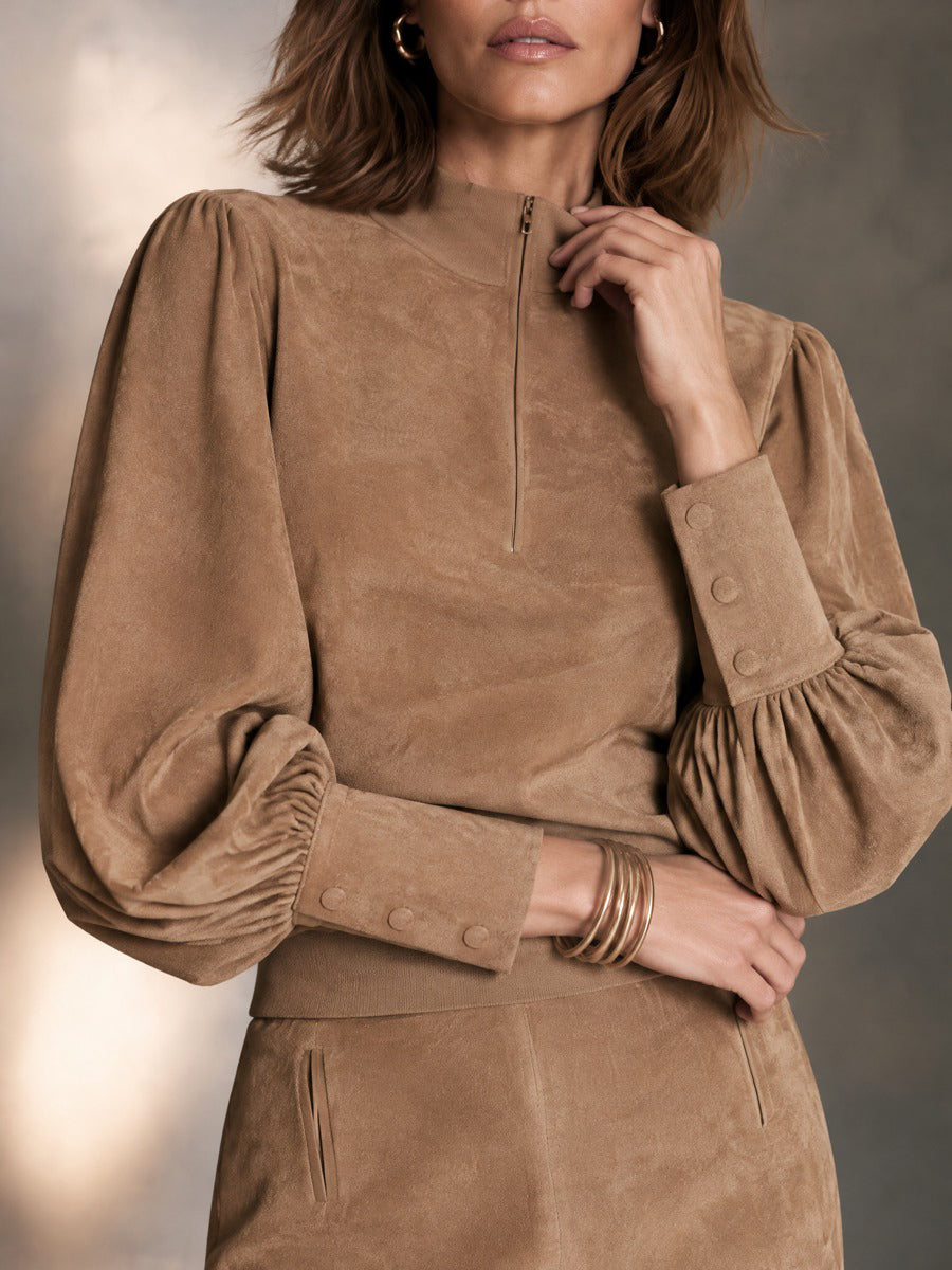 Women’s Vintage-Elegant Suede Zip-Front Stand-Collar Pencil Skirt Set