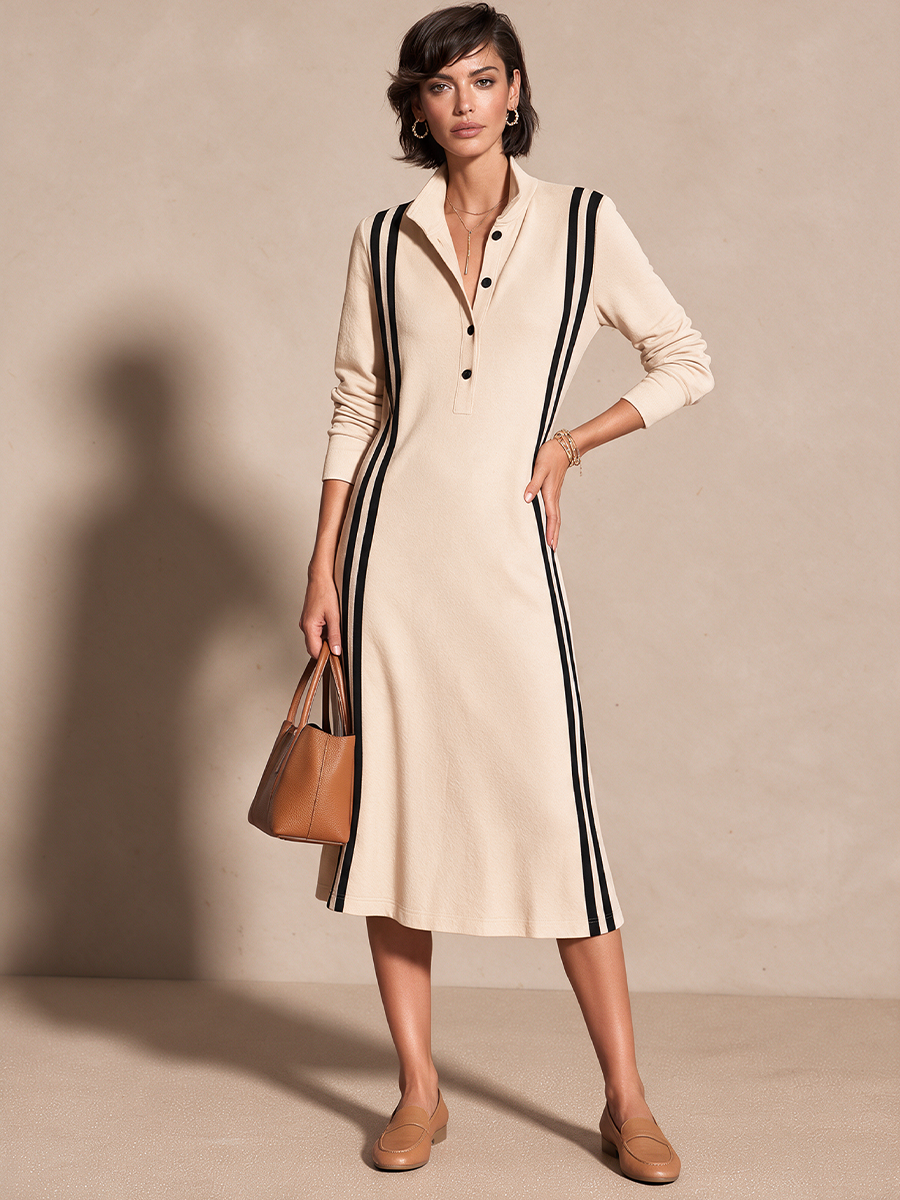 Women's Casual Color-Block Striped Stand-Collar Midi Dress