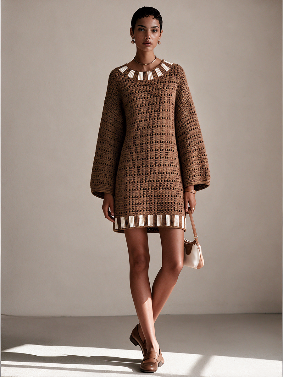 Women's Bohemian Openwork Knit Bell-Sleeve Mini Dress