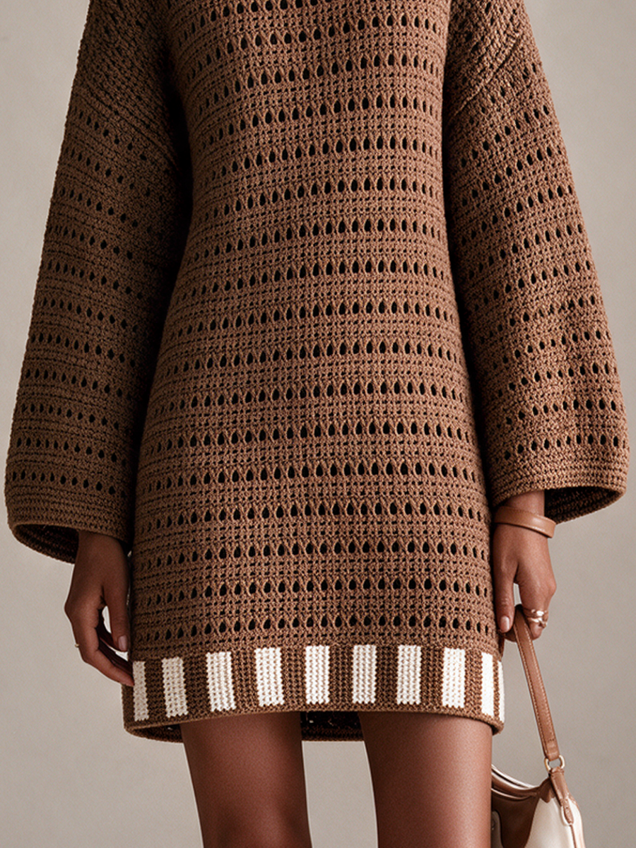 Women's Bohemian Openwork Knit Bell-Sleeve Mini Dress