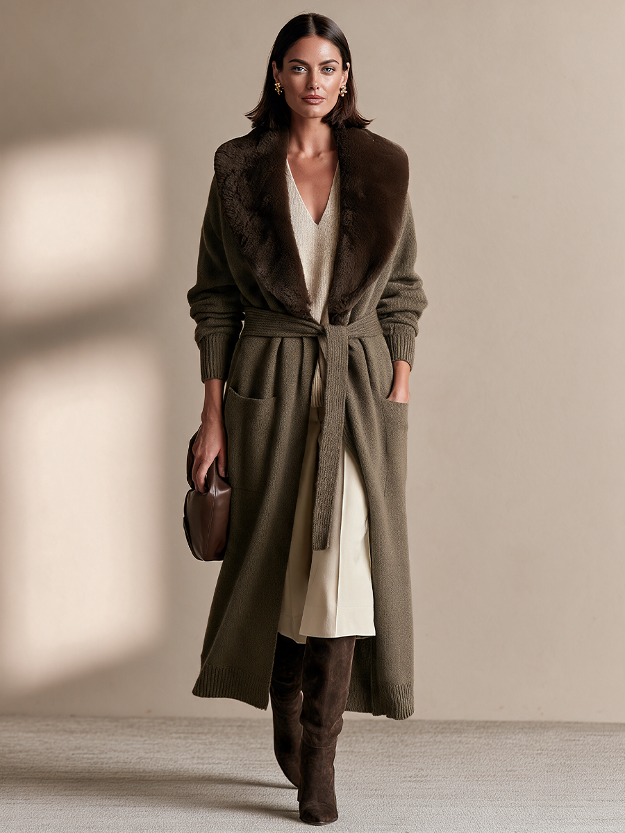 Women's Elegant Belted Knit Plush Shawl-Collar Cardigan