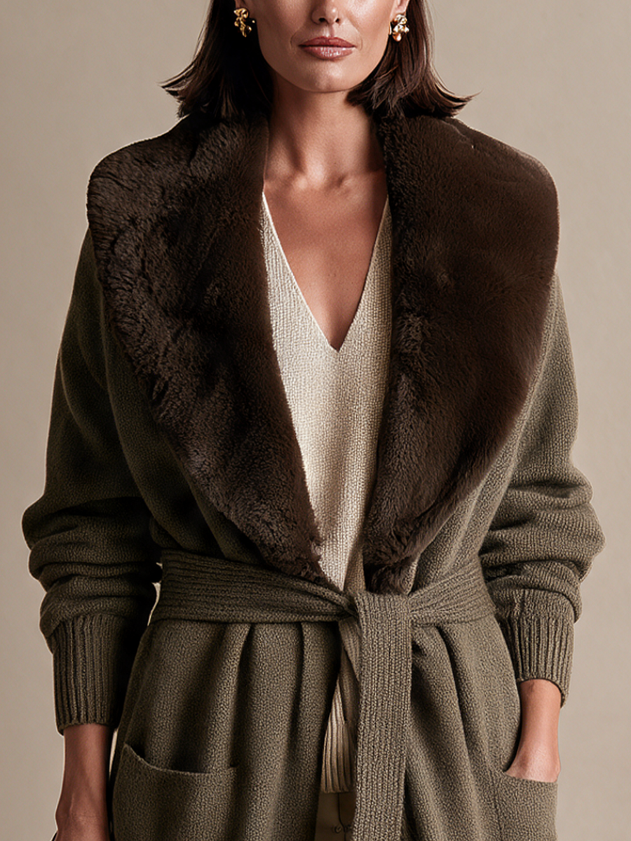 Women's Elegant Belted Knit Plush Shawl-Collar Cardigan