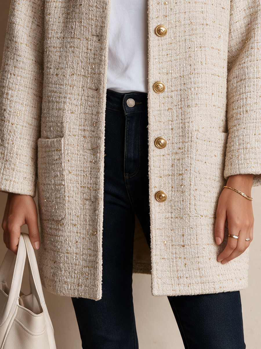 Women's French-Inspired Gold-Button Round-Neck Tweed Coat