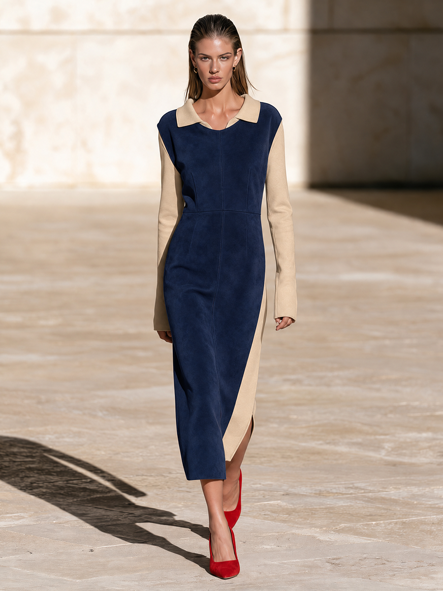 Women's Color Block Collared Midi Dress