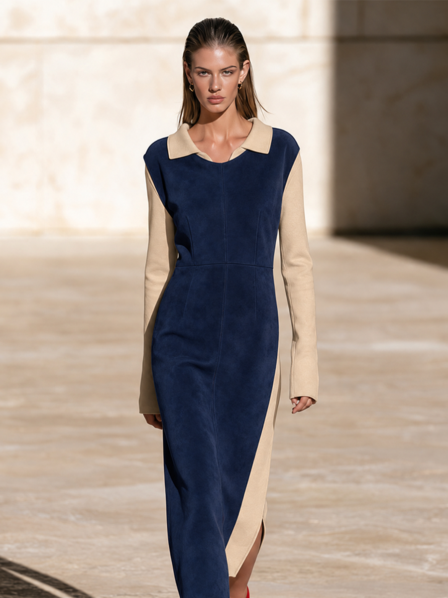 Women's Color Block Collared Midi Dress