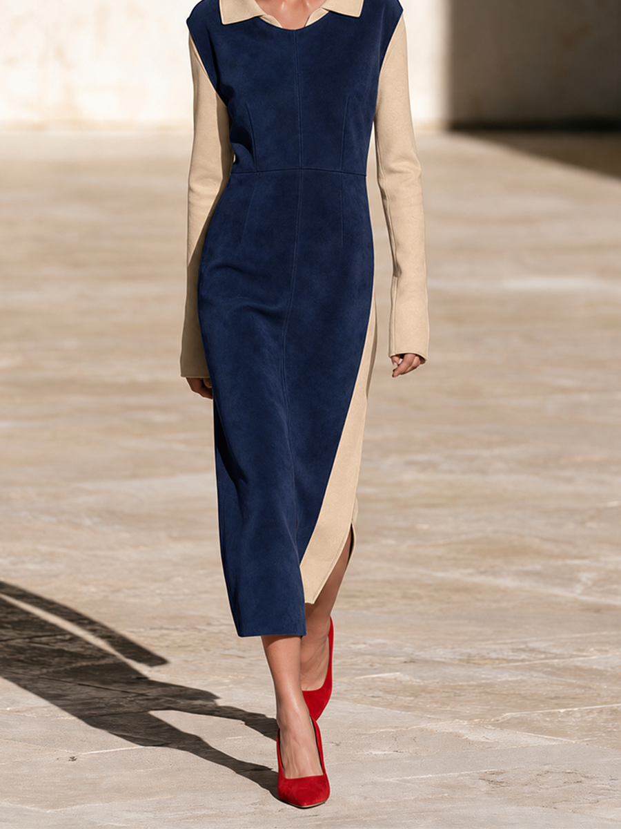 Women's Color Block Collared Midi Dress