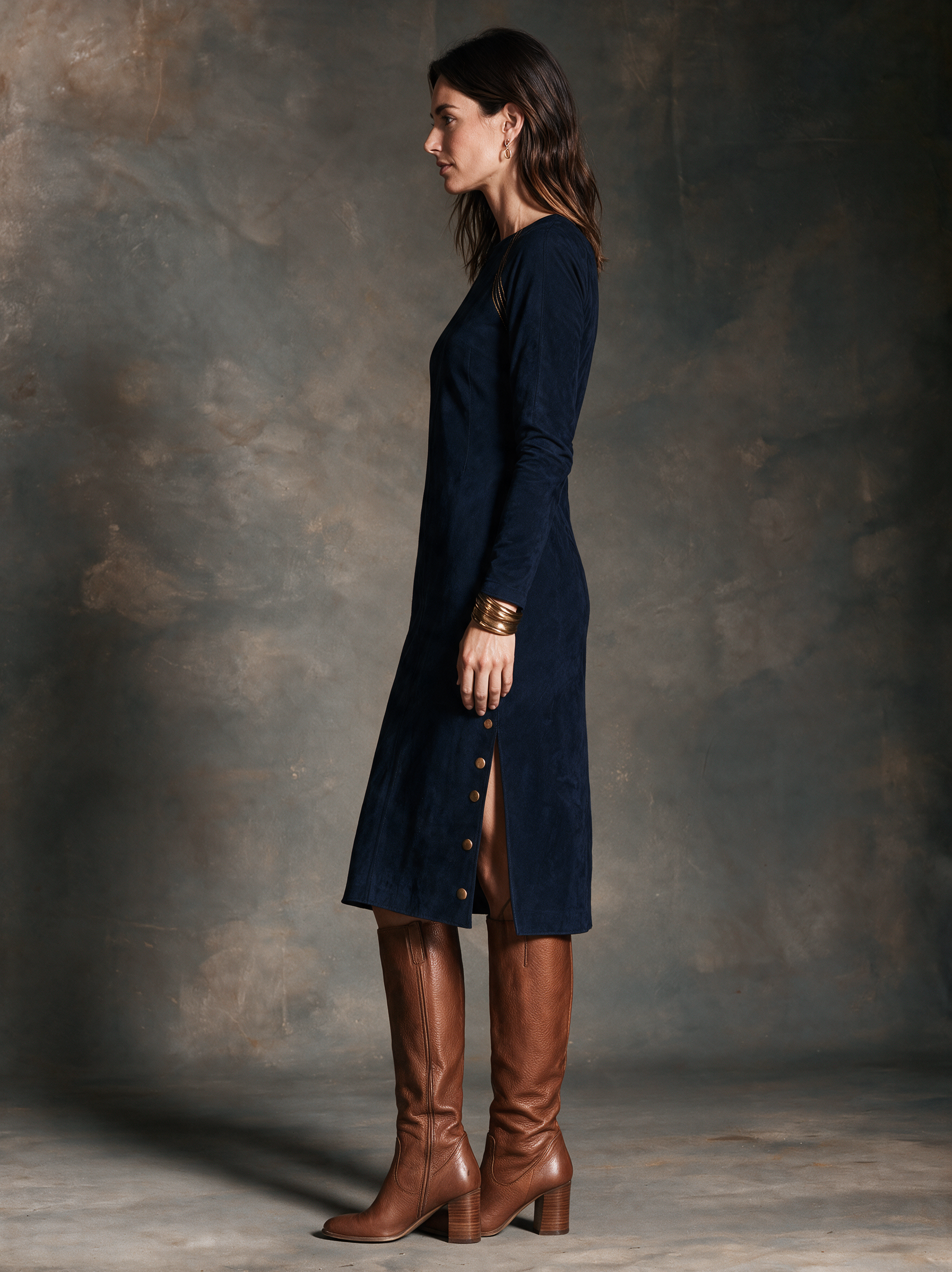 Women’s Vintage-Style Suede Dress With Metal Buckle And Side Slit